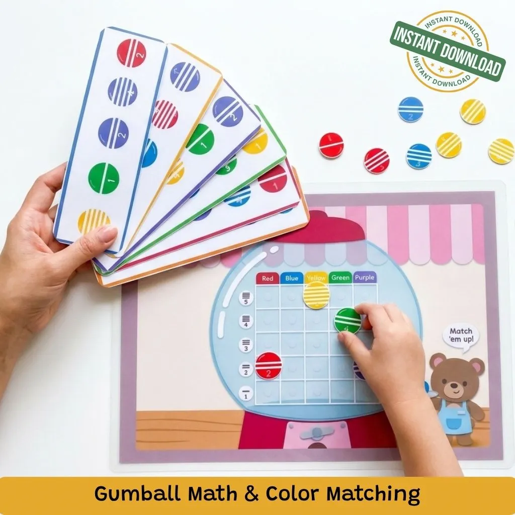 gumball math grid activity | color & number sorting game for preschoolers
