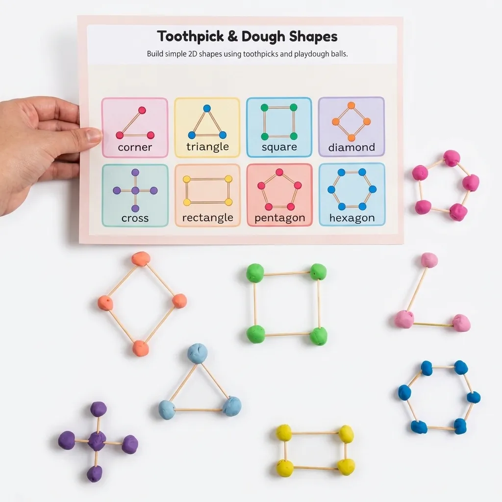 Eight 2D geometric shapes built from toothpicks and colorful playdough balls around the Clay Dough Shapes mat