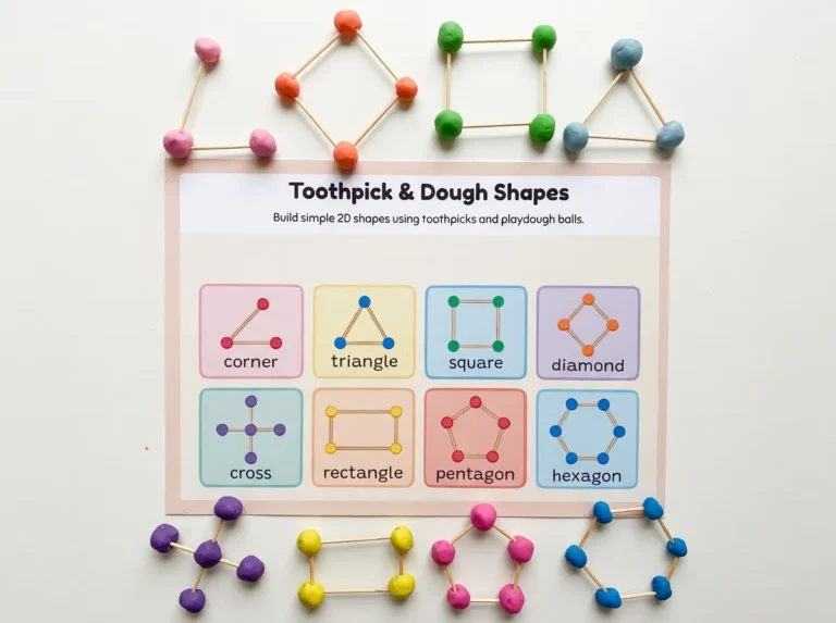 Child building a triangle with playdough balls and toothpicks on the Clay Dough Shapes 2D geometry activity mat