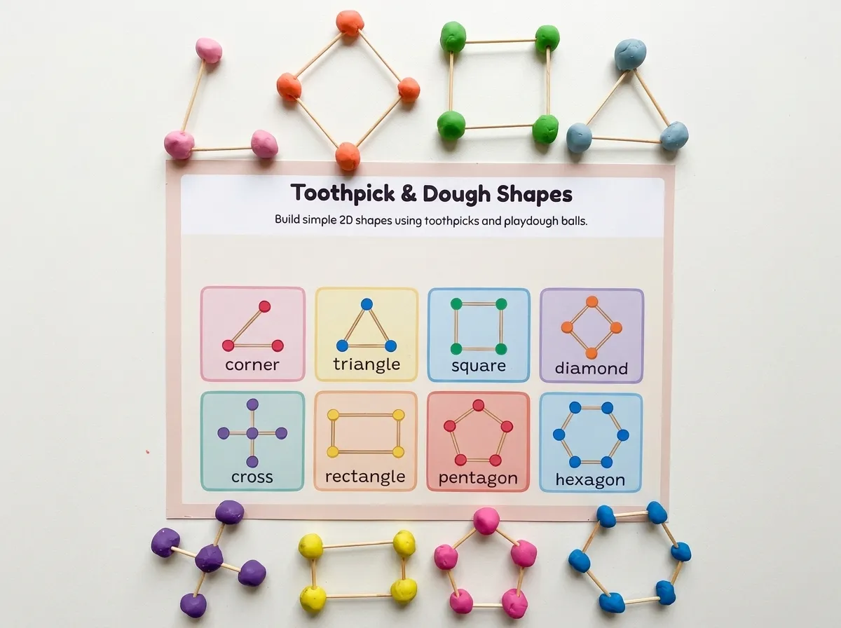 Child building a triangle with playdough balls and toothpicks on the Clay Dough Shapes 2D geometry activity mat