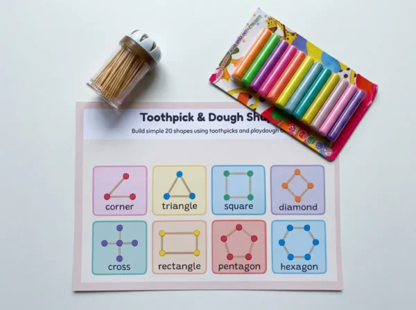 Clay Dough Shapes printable mat with toothpicks and modeling clay sticks ready for the activity