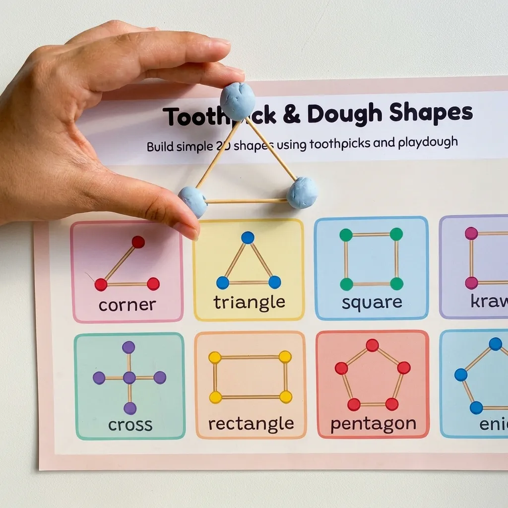 Playdough and toothpick shapes arranged above the Clay Dough Shapes printable activity mat